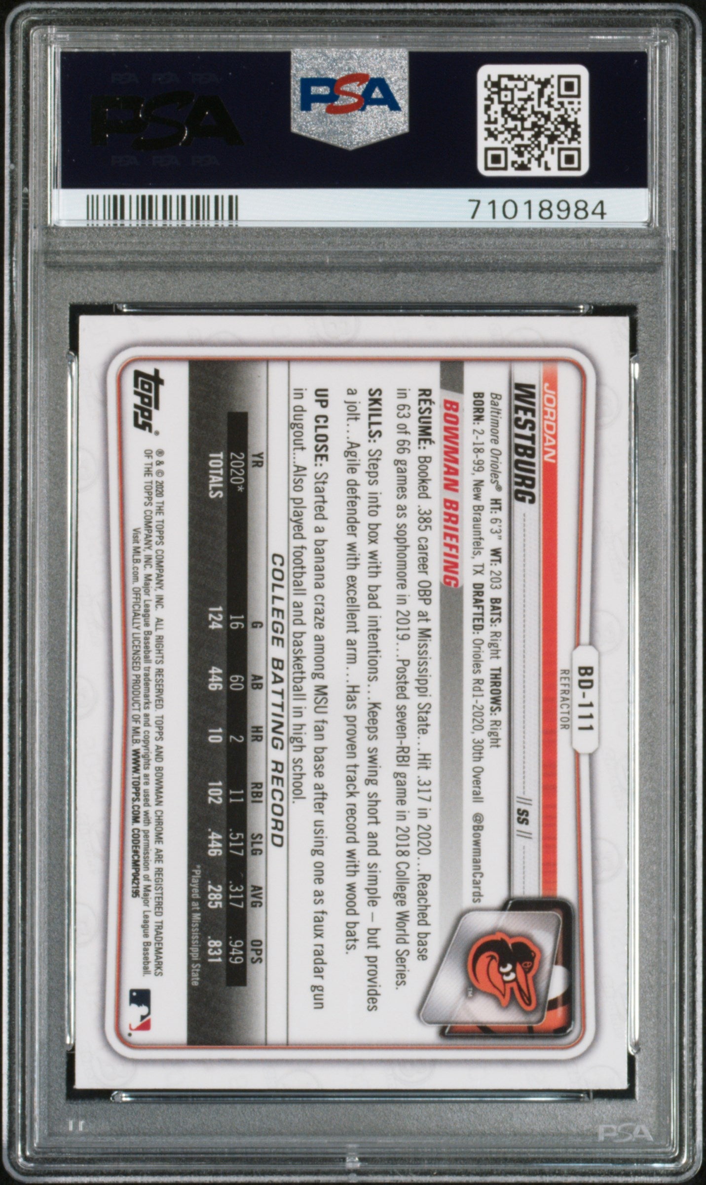 2020 Bowman Draft Jordan Westburg #bd111 Refractor Psa 10